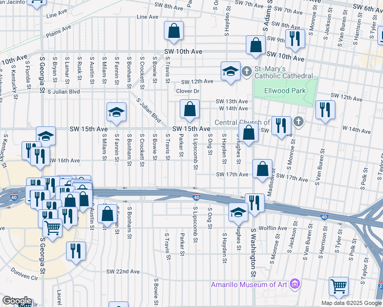 map of restaurants, bars, coffee shops, grocery stores, and more near 1401-1499 Southwest 16th Avenue in Amarillo