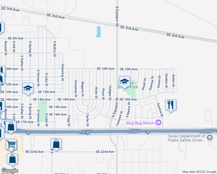 map of restaurants, bars, coffee shops, grocery stores, and more near 1037 Pryor Street in Amarillo