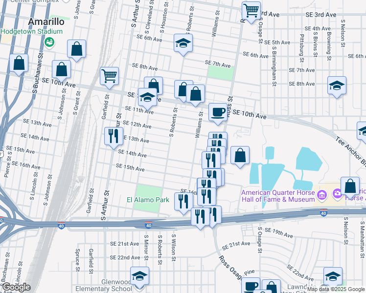 map of restaurants, bars, coffee shops, grocery stores, and more near 1223 South Roberts Street in Amarillo