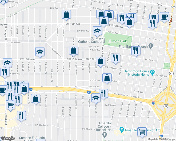 map of restaurants, bars, coffee shops, grocery stores, and more near 1614 South Hayden Street in Amarillo