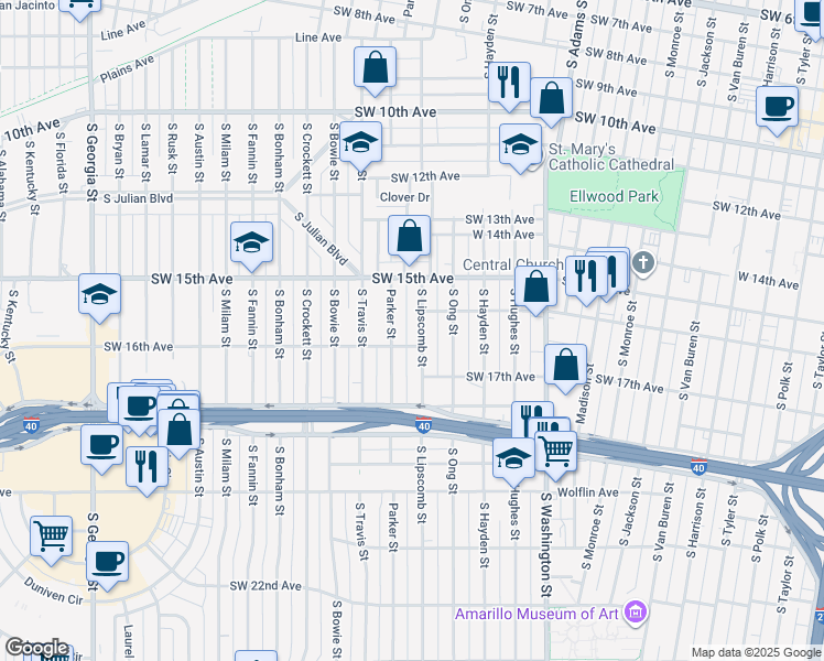map of restaurants, bars, coffee shops, grocery stores, and more near 1401-1499 Southwest 16th Avenue in Amarillo