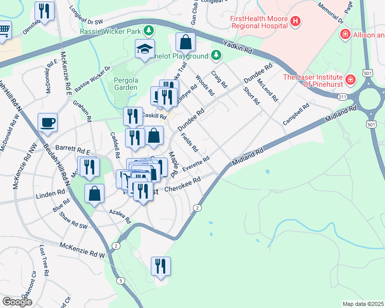 map of restaurants, bars, coffee shops, grocery stores, and more near 45 Everette Road in Pinehurst