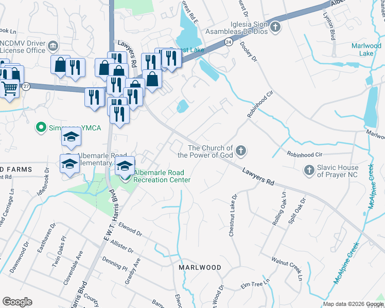 map of restaurants, bars, coffee shops, grocery stores, and more near 5400 Donnefield Drive in Charlotte