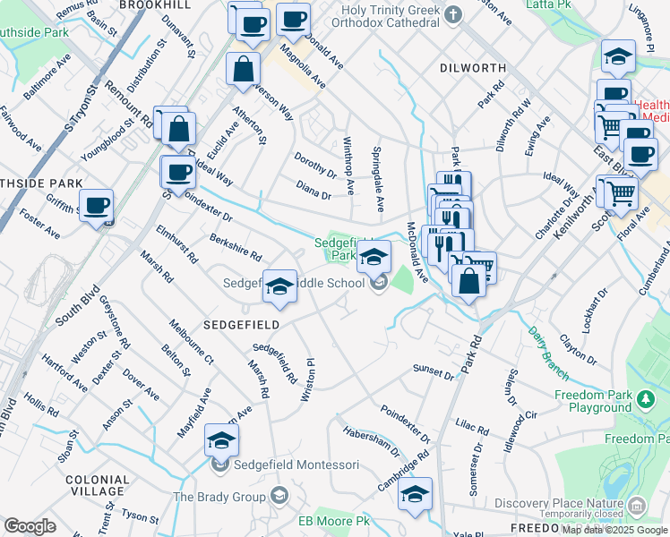 map of restaurants, bars, coffee shops, grocery stores, and more near 2700 Dorchester Place in Charlotte