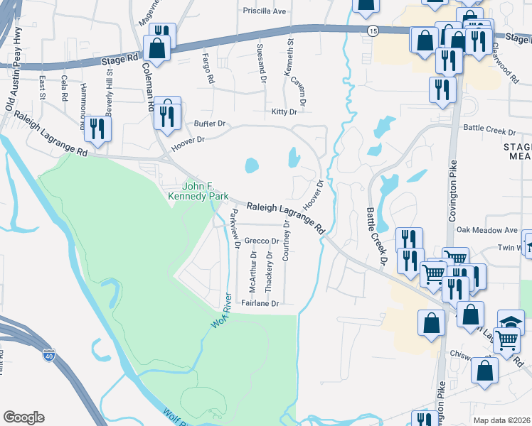 map of restaurants, bars, coffee shops, grocery stores, and more near 4691 Tarkington Drive in Memphis