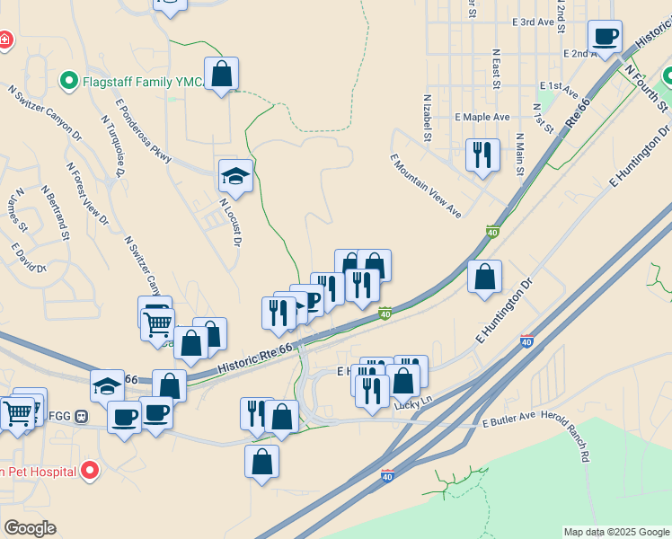map of restaurants, bars, coffee shops, grocery stores, and more near 1650 East Ponderosa Parkway in Flagstaff