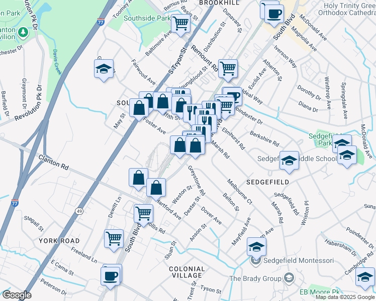 map of restaurants, bars, coffee shops, grocery stores, and more near 3040 South Boulevard in Charlotte