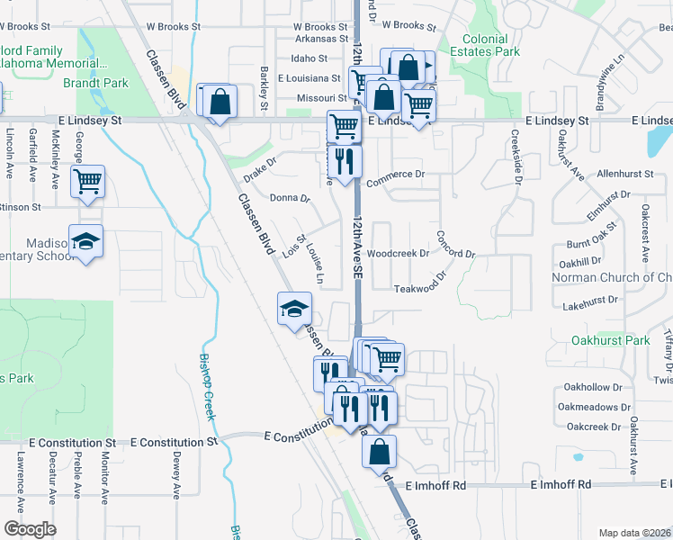 map of restaurants, bars, coffee shops, grocery stores, and more near 1111 Louise Lane in Norman