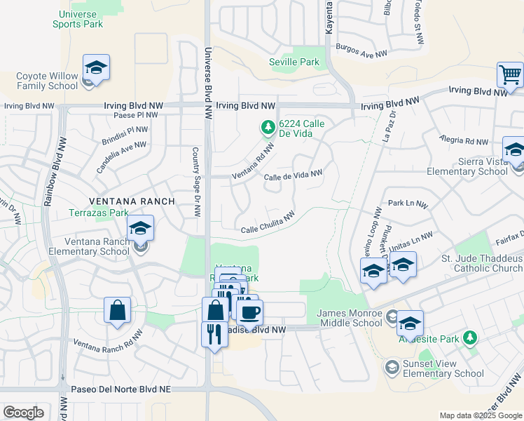 map of restaurants, bars, coffee shops, grocery stores, and more near 10023 Calle Allegro in Albuquerque