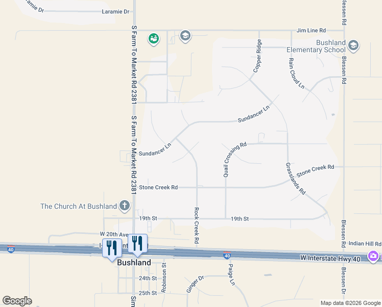 map of restaurants, bars, coffee shops, grocery stores, and more near 1501 Rock Creek Road in Amarillo