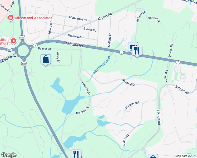 map of restaurants, bars, coffee shops, grocery stores, and more near 238 National Drive in Pinehurst