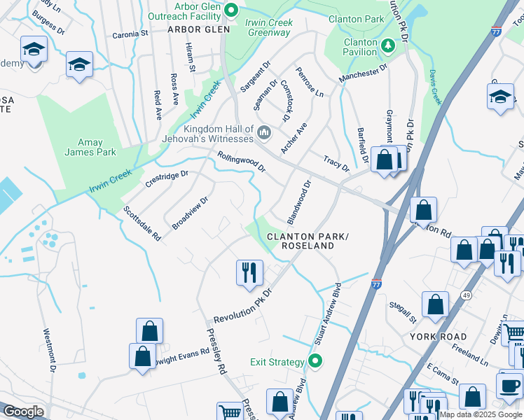 map of restaurants, bars, coffee shops, grocery stores, and more near 1004 Brianna Way in Charlotte
