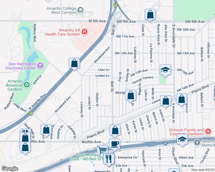 map of restaurants, bars, coffee shops, grocery stores, and more near 1524 Bell Street in Amarillo