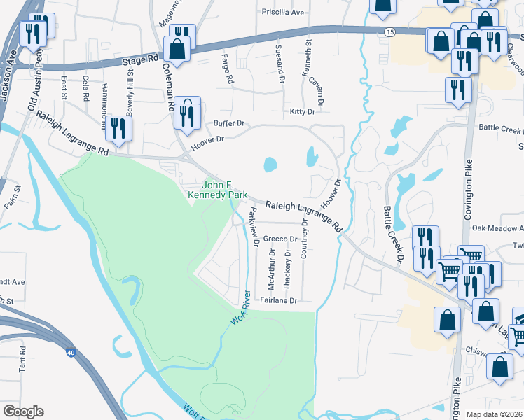 map of restaurants, bars, coffee shops, grocery stores, and more near 4658 Tarkington Drive in Memphis