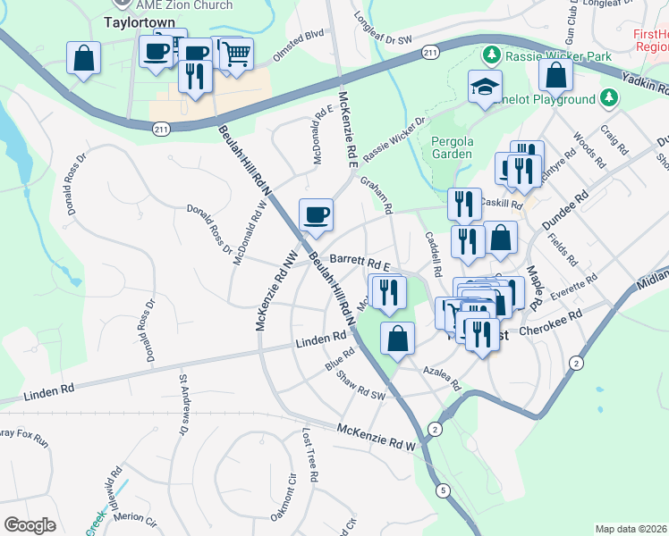 map of restaurants, bars, coffee shops, grocery stores, and more near 290 Beulah Hill Road North in Pinehurst