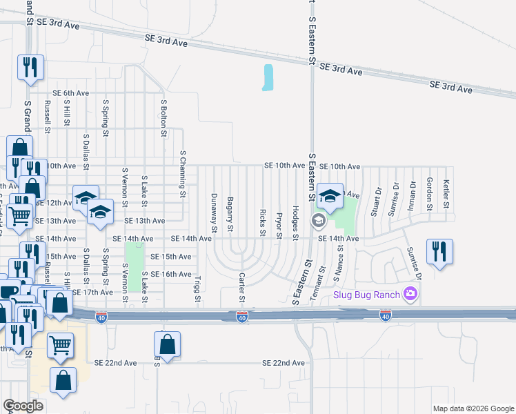 map of restaurants, bars, coffee shops, grocery stores, and more near 1036 Ricks Street in Amarillo