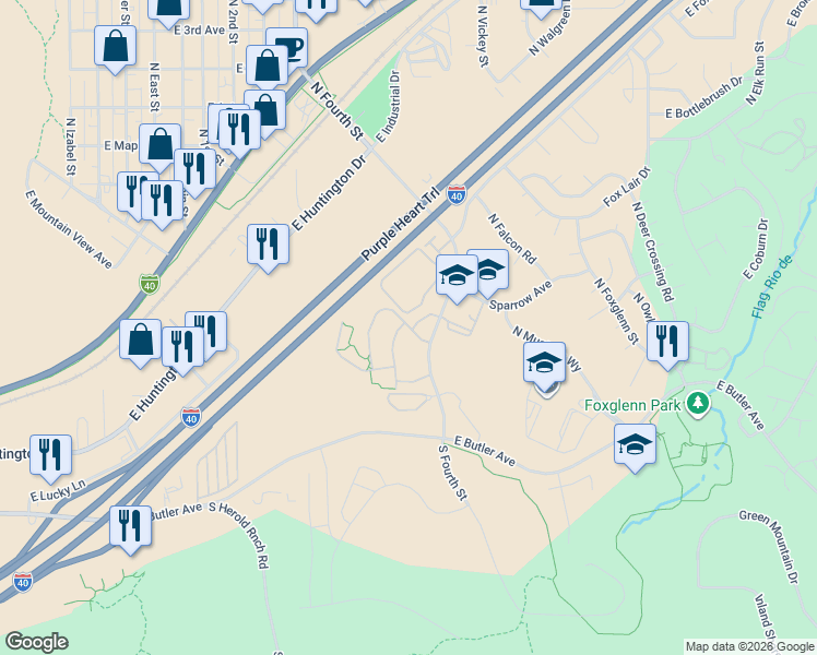 map of restaurants, bars, coffee shops, grocery stores, and more near 1144 North Flowing Springs Trail in Flagstaff