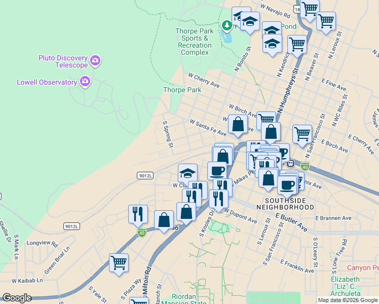 map of restaurants, bars, coffee shops, grocery stores, and more near 511 West Lower Coconino Avenue in Flagstaff