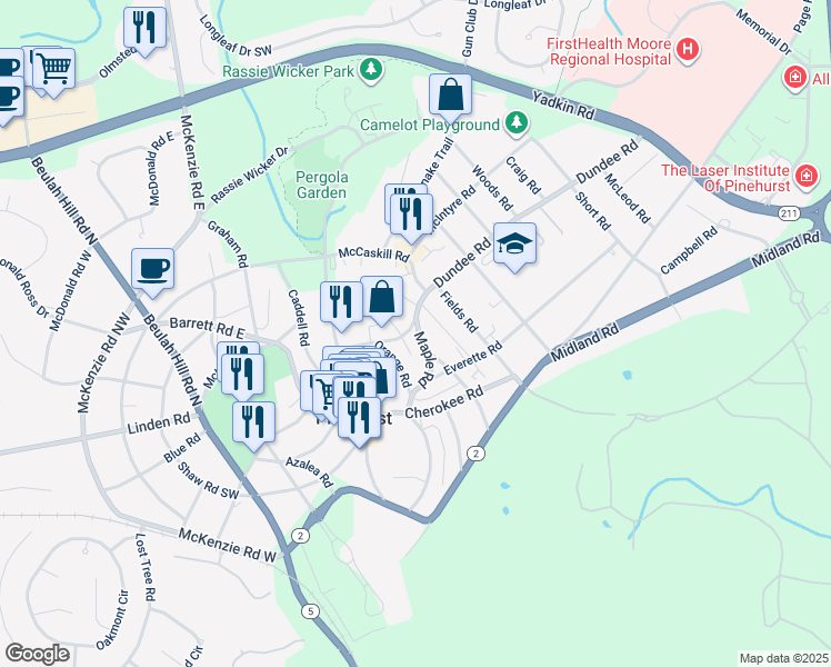 map of restaurants, bars, coffee shops, grocery stores, and more near 35 Maple Road in Pinehurst