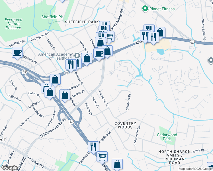 map of restaurants, bars, coffee shops, grocery stores, and more near 4700 Wildleaf Court in Charlotte
