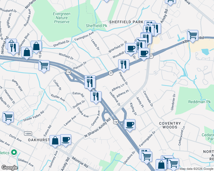 map of restaurants, bars, coffee shops, grocery stores, and more near 4315 East Independence Boulevard in Charlotte