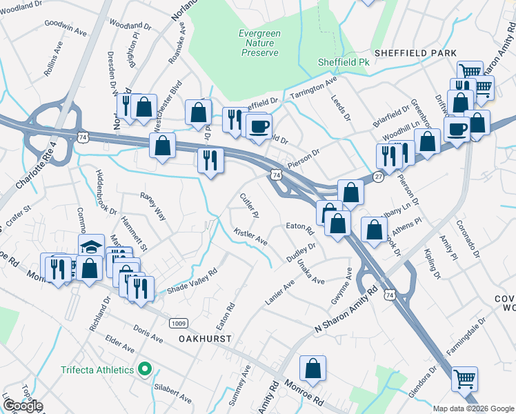 map of restaurants, bars, coffee shops, grocery stores, and more near 1020 Cutler Place in Charlotte
