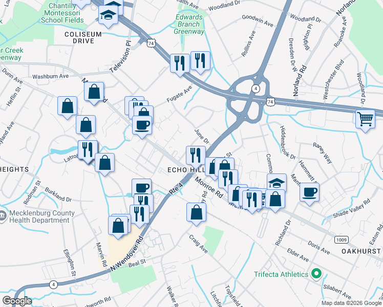 map of restaurants, bars, coffee shops, grocery stores, and more near in Charlotte