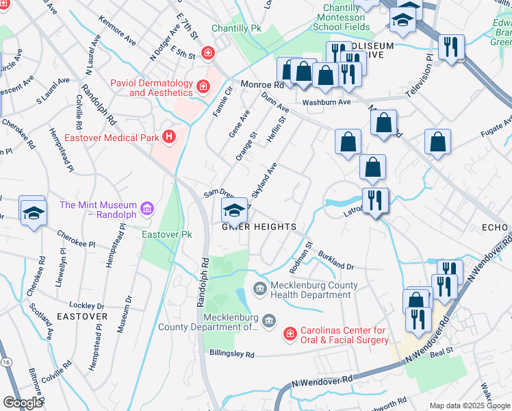 map of restaurants, bars, coffee shops, grocery stores, and more near 3016 Leroy Street in Charlotte