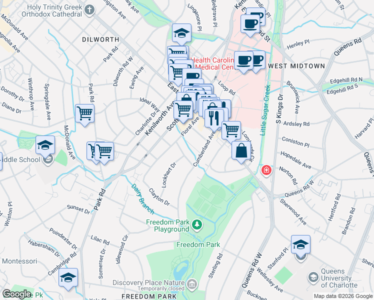 map of restaurants, bars, coffee shops, grocery stores, and more near 1543 Lynway Drive in Charlotte