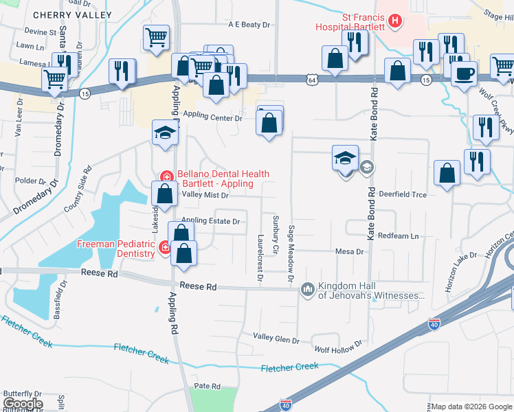 map of restaurants, bars, coffee shops, grocery stores, and more near 2637 Laurelcrest Drive in Memphis