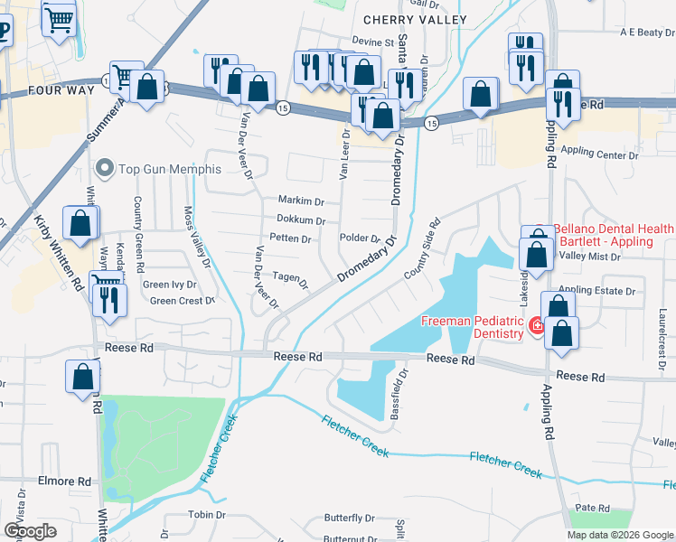map of restaurants, bars, coffee shops, grocery stores, and more near 2648 Dromedary Drive in Memphis
