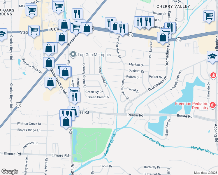 map of restaurants, bars, coffee shops, grocery stores, and more near 2642 Moss Valley Drive in Memphis