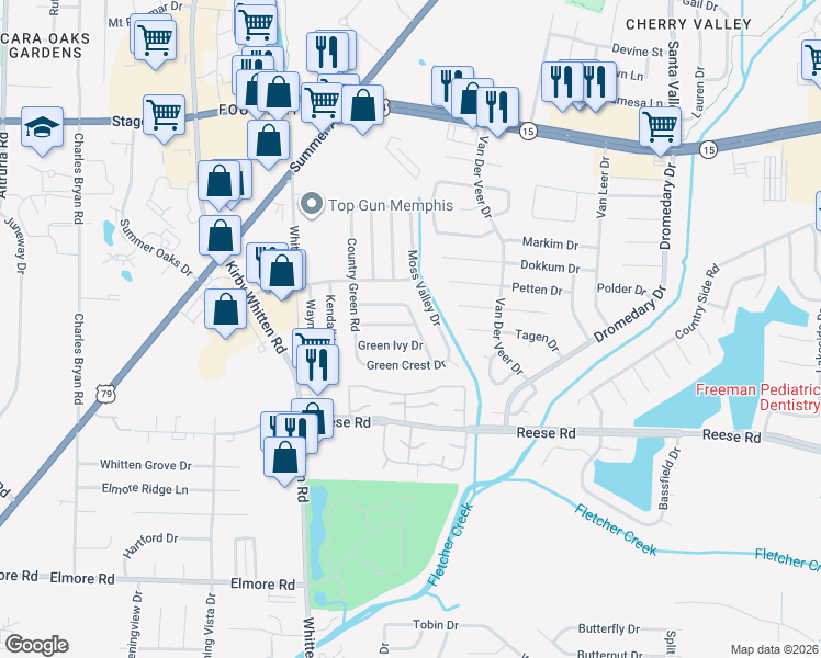 map of restaurants, bars, coffee shops, grocery stores, and more near 6935 Green Ivy Drive in Memphis