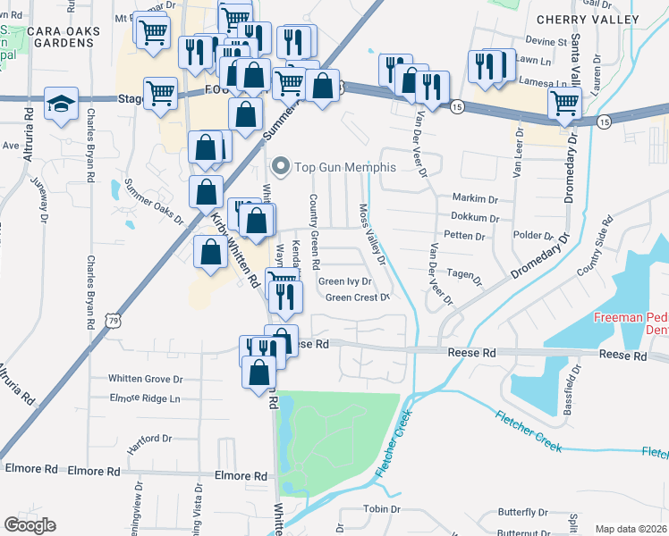 map of restaurants, bars, coffee shops, grocery stores, and more near 6885 Green Ivy Drive in Memphis
