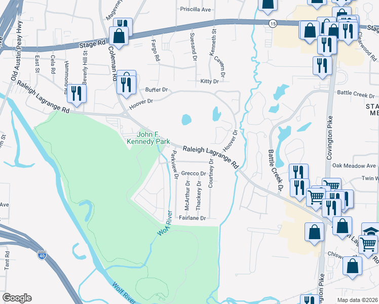 map of restaurants, bars, coffee shops, grocery stores, and more near 4691 Tarkington Drive in Memphis