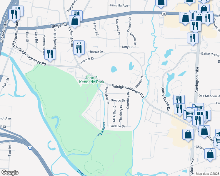 map of restaurants, bars, coffee shops, grocery stores, and more near 4658 Tarkington Drive in Memphis