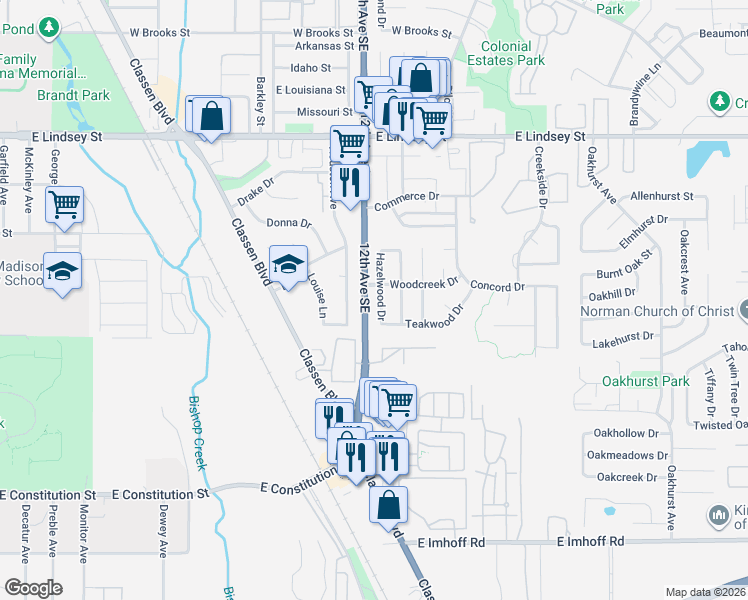 map of restaurants, bars, coffee shops, grocery stores, and more near 1724 Hazelwood Drive in Norman