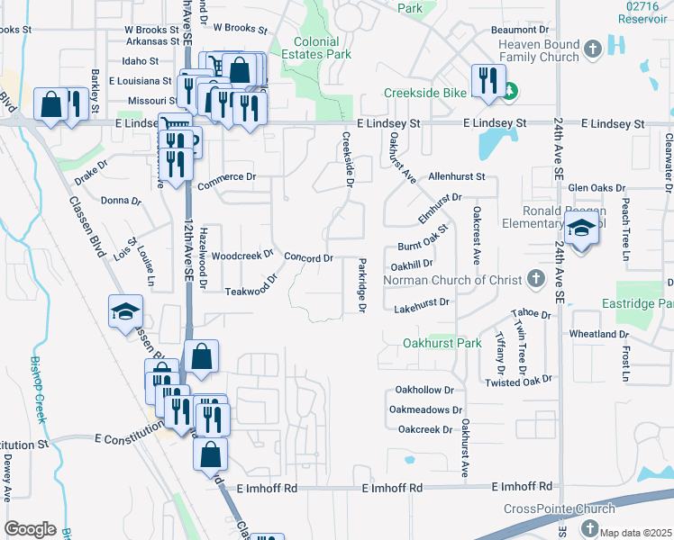 map of restaurants, bars, coffee shops, grocery stores, and more near 1812 Creekside Drive in Norman