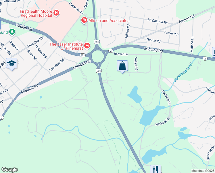 map of restaurants, bars, coffee shops, grocery stores, and more near 22 Pinehurst Manor Road in Pinehurst