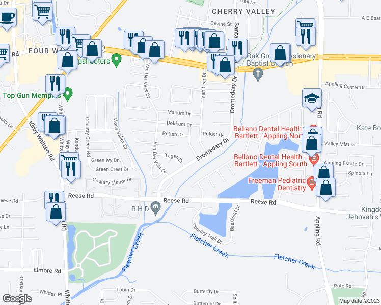 map of restaurants, bars, coffee shops, grocery stores, and more near 2659 Harlingen Drive in Memphis