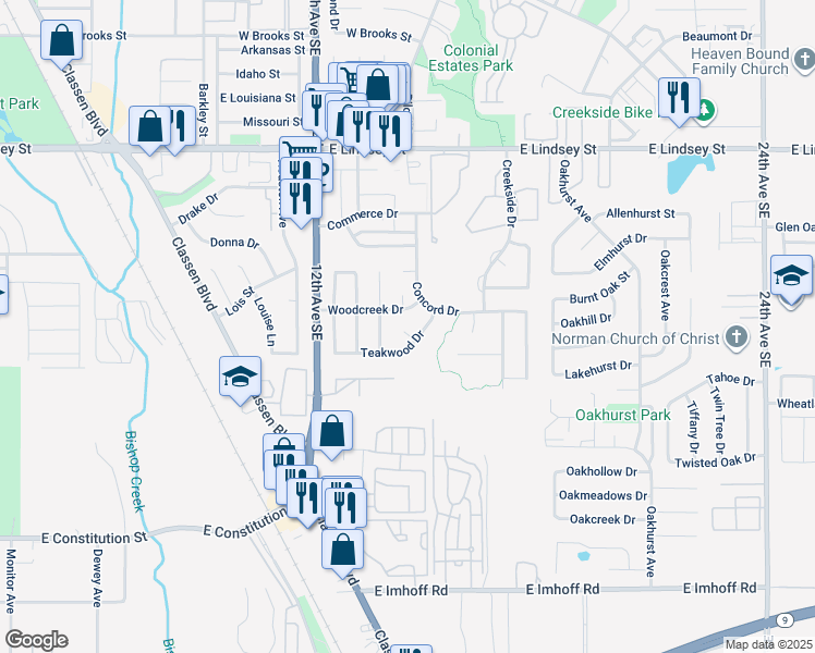 map of restaurants, bars, coffee shops, grocery stores, and more near 1325 Teakwood Drive in Norman