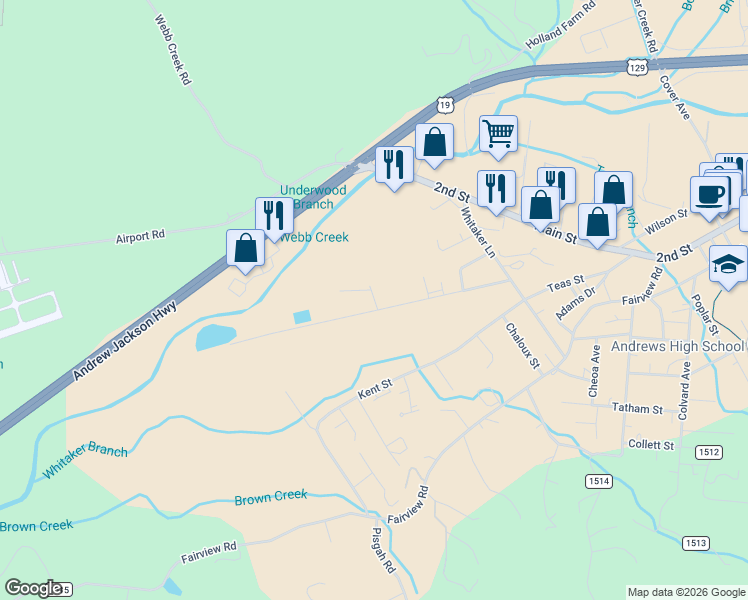 map of restaurants, bars, coffee shops, grocery stores, and more near 300 Kent Street in Andrews