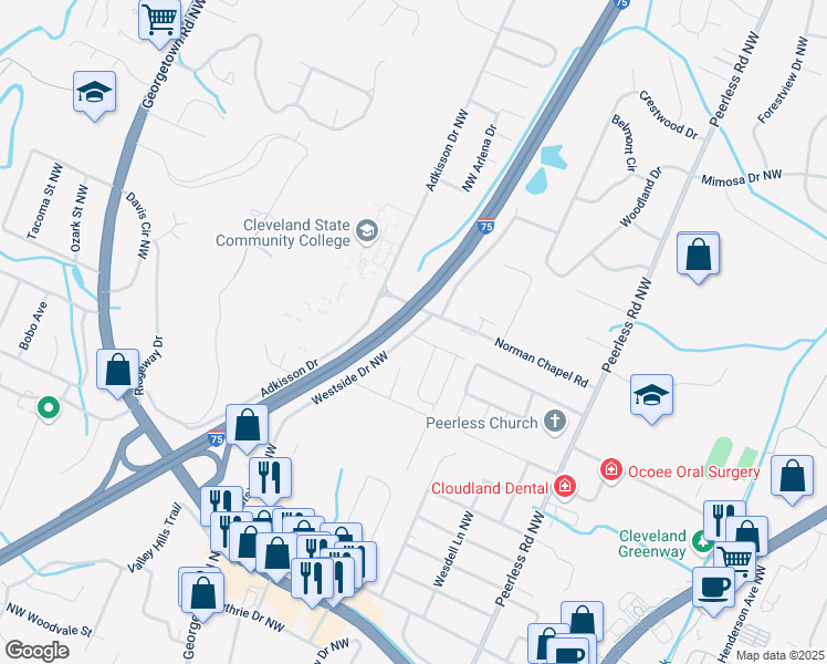 map of restaurants, bars, coffee shops, grocery stores, and more near 3350 Westside Dr NW in Cleveland
