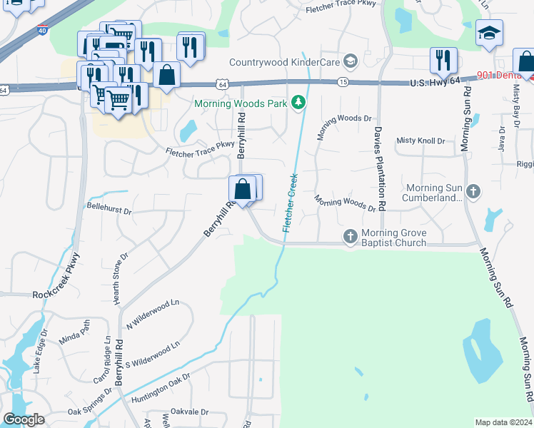 map of restaurants, bars, coffee shops, grocery stores, and more near 9289 Grove Manor Drive in Memphis