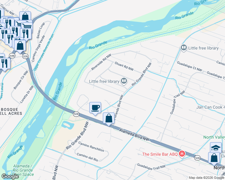 map of restaurants, bars, coffee shops, grocery stores, and more near 1116 Western Meadows Road Northwest in Albuquerque