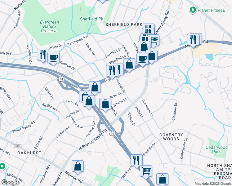 map of restaurants, bars, coffee shops, grocery stores, and more near 2809 Albany Lane in Charlotte