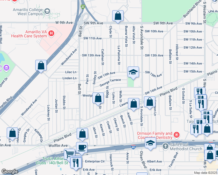 map of restaurants, bars, coffee shops, grocery stores, and more near 5305 Westgate Drive in Amarillo
