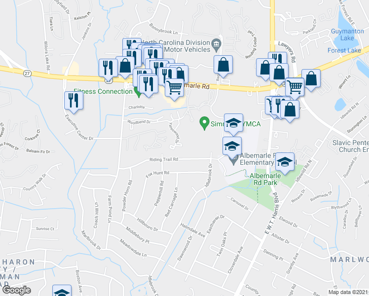 map of restaurants, bars, coffee shops, grocery stores, and more near 6404 Yateswood Drive in Charlotte