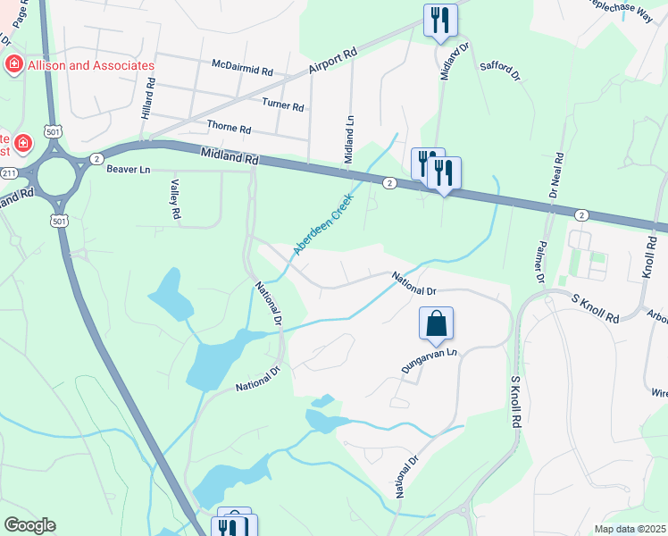 map of restaurants, bars, coffee shops, grocery stores, and more near 105 Whitecraigs Court in Pinehurst