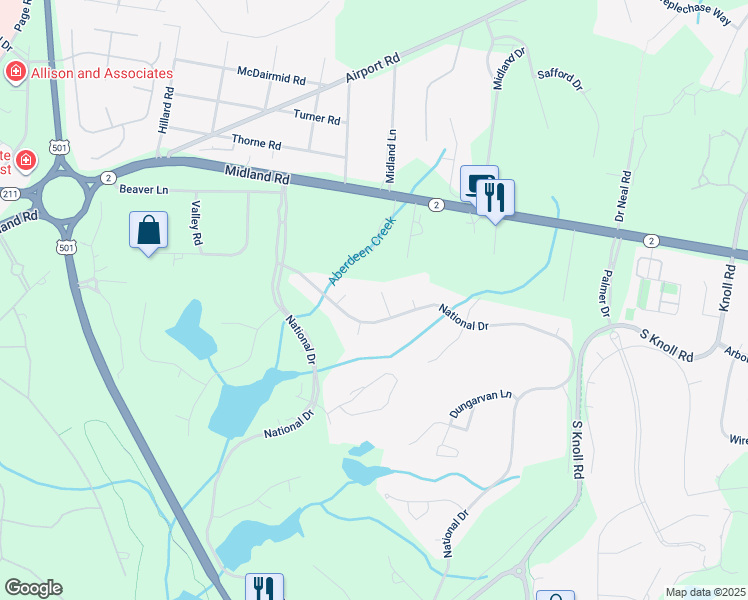 map of restaurants, bars, coffee shops, grocery stores, and more near 105 Whitecraigs Court in Pinehurst